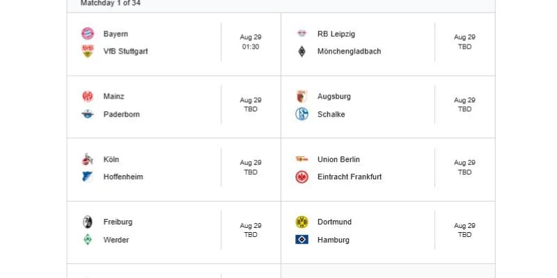Thông tin lịch Bundesliga luôn được cập nhật nhanh 